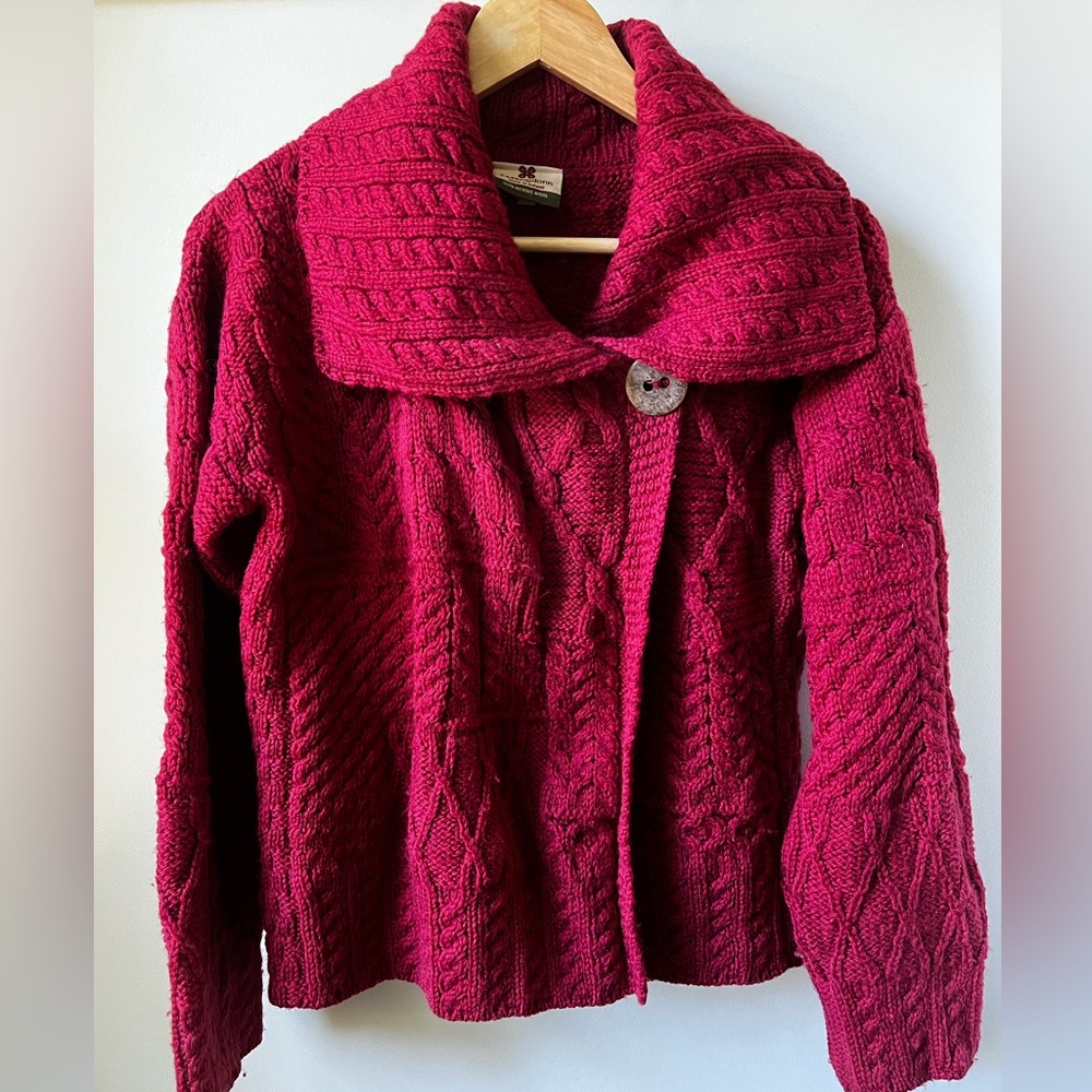 CARRAIG DONN Irish Merino Wool Cardigan Fisherman Sweater Cabled Aran Chunky‎ S